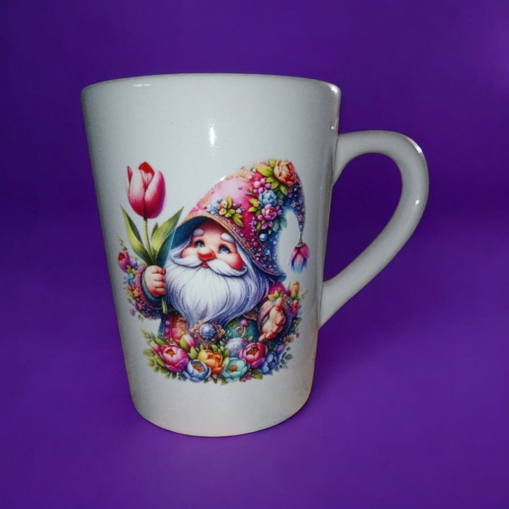 Hand Crafted White Mug with Colorful Gnome Design